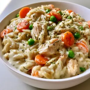 Close-up shot of a white ceramic bowl filled with creamy Chicken Pot Pie Orzo speckled with herbs.