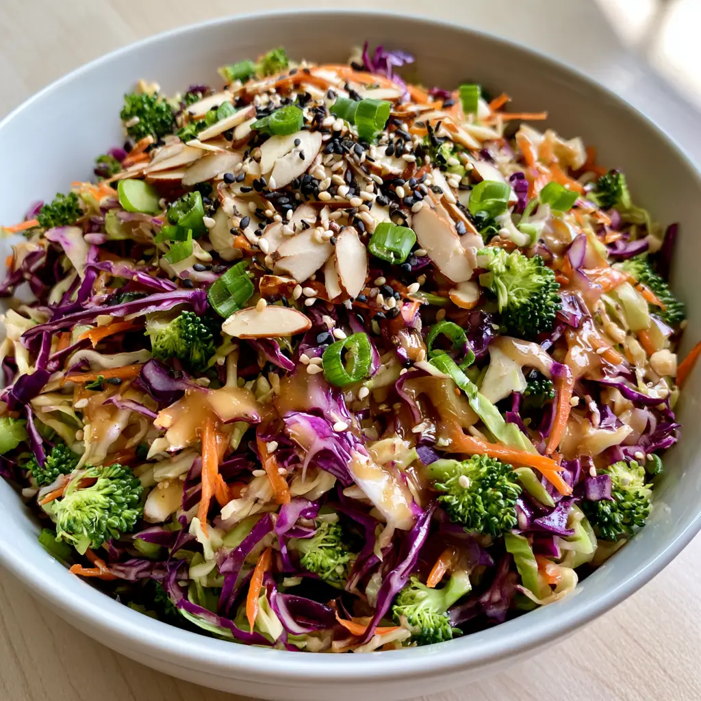 Crunchy Asian Cabbage Salad with Sesame Ginger Dressing 1 Close up of shredded purple cabbage and raw broccoli florets in a Crunchy Asian Cabbage Salad.
