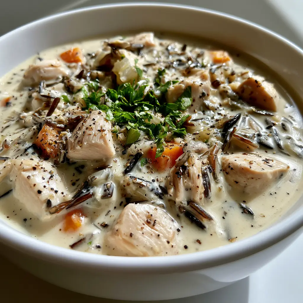 Overhead view of Creamy Chicken and Wild Rice Soup showing translucent celery bits and orange carrots with cracked black pepper.