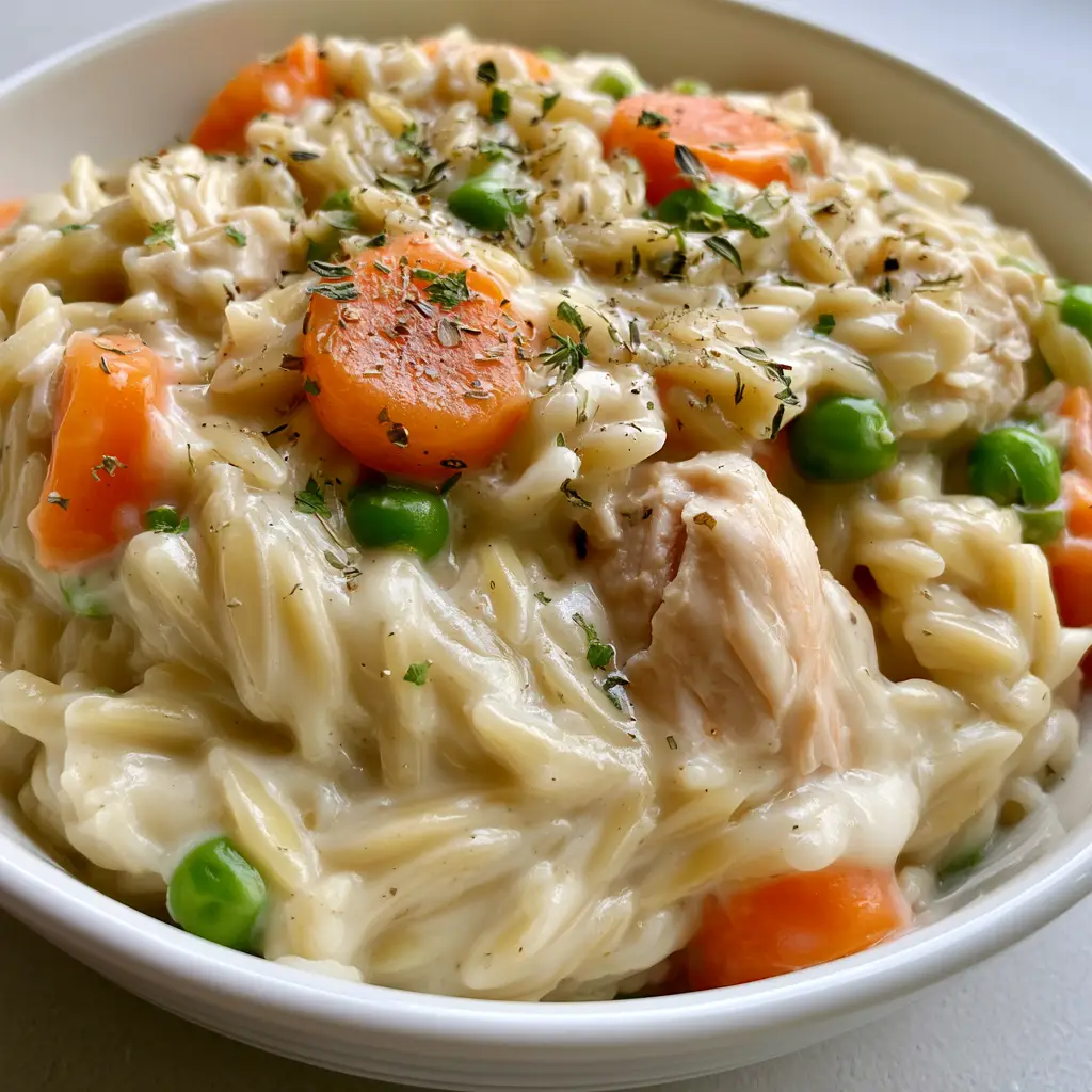 Handheld smartphone photo of Chicken Pot Pie Orzo showing tender carrots and peas.