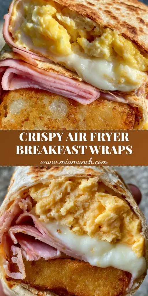 Air Fryer Breakfast Wraps: The Ultimate Crispy Morning Hack 4 A handheld photo of a crispy Air Fryer Breakfast Wrap sliced in half to show layers of hash brown, ham, fluffy eggs, and melted mozzarella cheese.
