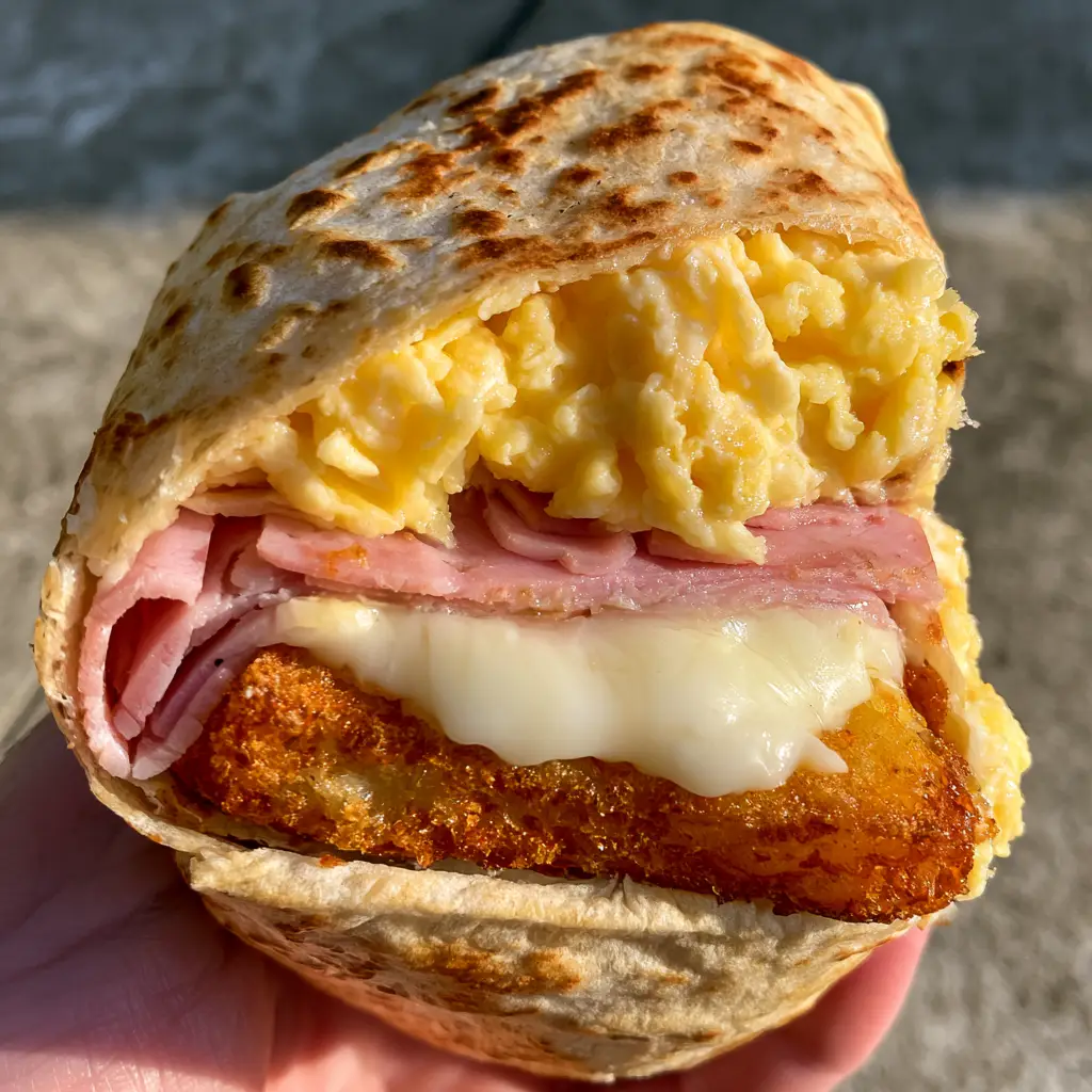 A close-up of Air Fryer Breakfast Wraps showing the golden-brown charred spots on the toasted flour tortilla.