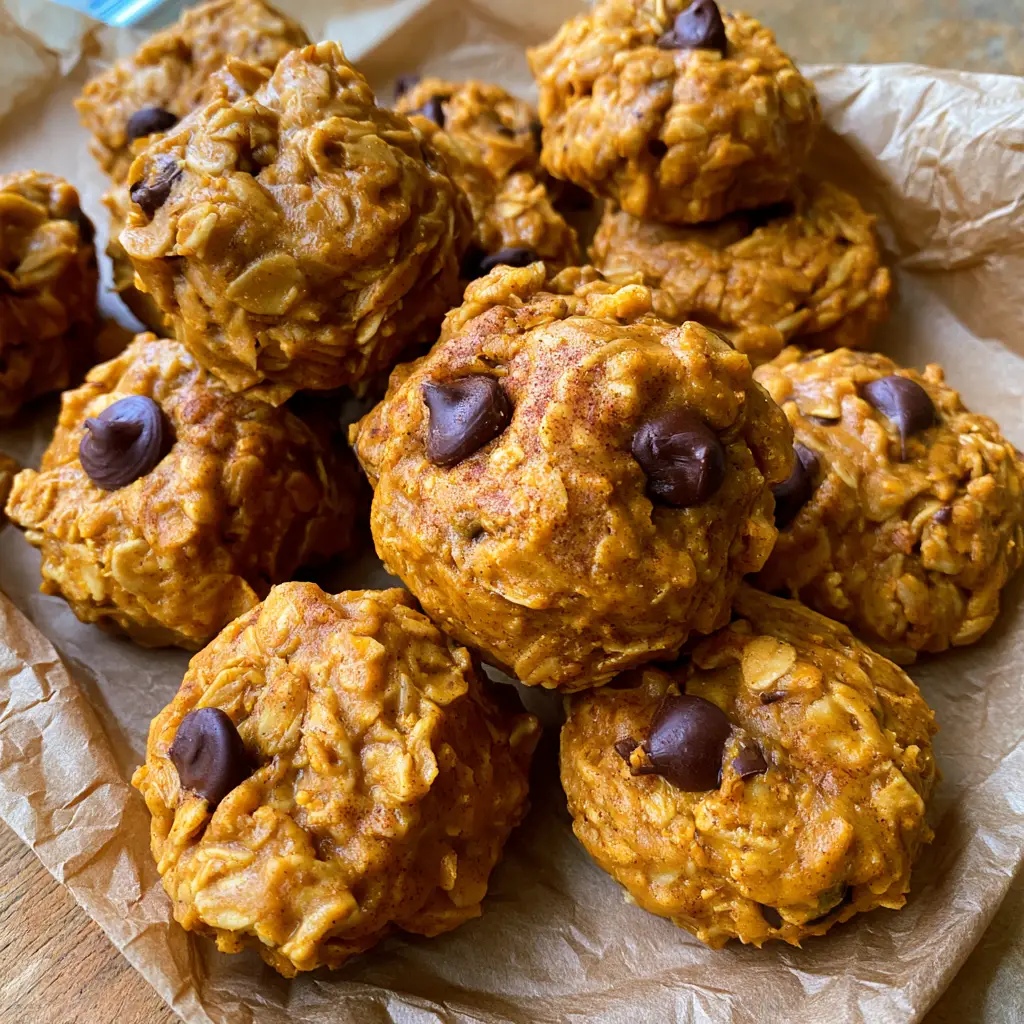 A handheld smartphone photo of thick, orange-brown Pumpkin No Bake Cookies with visible oats and semi-sweet chocolate chips.