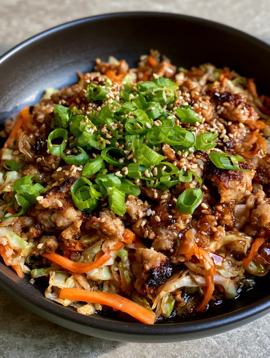 Top-down angled view of Egg Roll in a Bowl featuring seared ground pork, softened cabbage, and julienned carrots in a dark amber sauce.