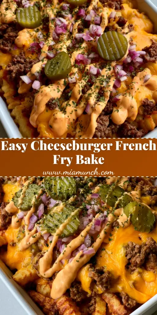 A top-down photo of Cheeseburger French Fry Casserole in a white dish with crinkle-cut fries, melted orange cheese, and a zig-zag sauce drizzle.
