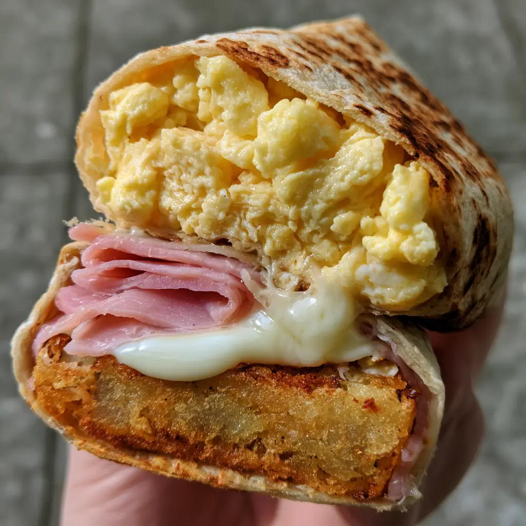 Air Fryer Breakfast Wraps: The Ultimate Crispy Morning Hack 1 Internal layers of an Air Fryer Breakfast Wrap featuring a thick hash brown, pink deli ham, and yellow eggs bound by melted mozzarella.