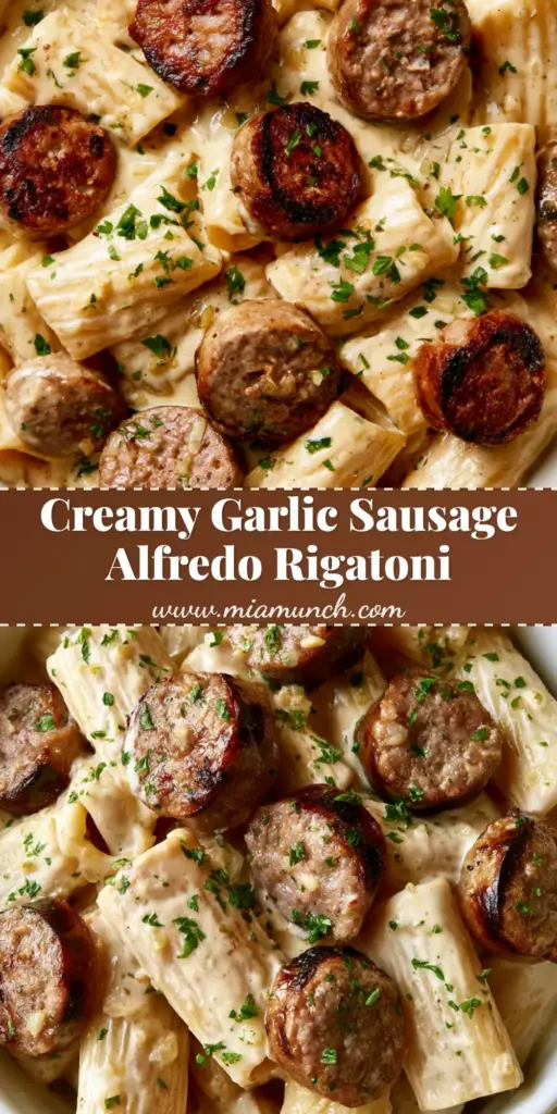 Sausage Alfredo Rigatoni with Seared Italian Sausage 4 A shallow white bowl of Sausage Alfredo Rigatoni with thick ivory sauce, seared sausage slices, and fresh parsley flakes.