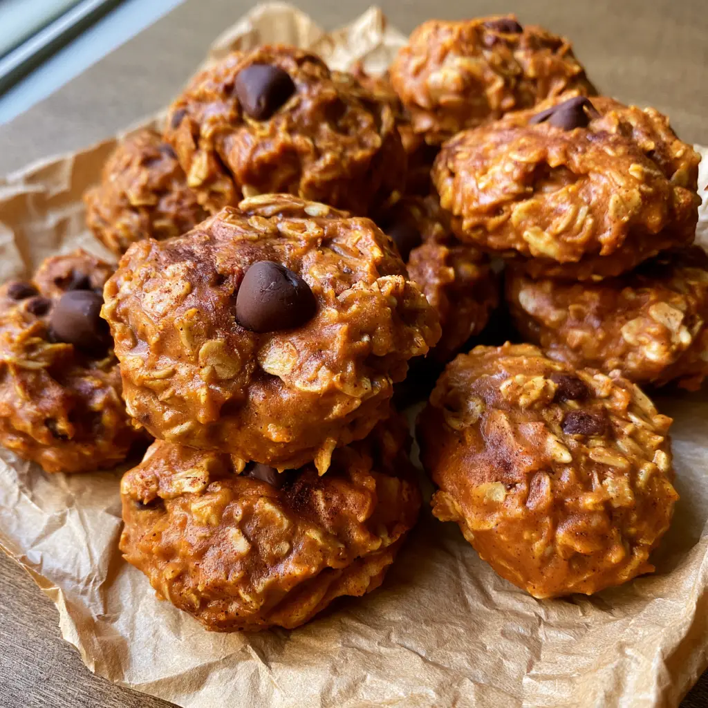 Pumpkin No Bake Cookies: The Ultimate Chewy Harvest Treat 1 Close up of Pumpkin No Bake Cookies arranged on crinkled parchment paper showing the rustic mounds and spices.