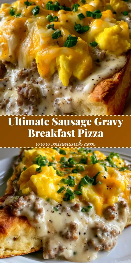 Sausage Gravy Breakfast Pizza with Fluffy Biscuit Crust 3 A handheld smartphone photo of a thick slice of Sausage Gravy Breakfast Pizza with bubbly cheese and green onions.