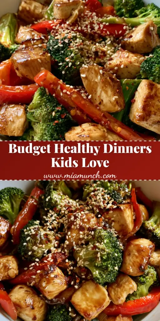 A close-up white bowl of chicken and broccoli stir-fry, showing glossy brown sauce and sesame seeds. (cheap healthy dinners for picky eaters)