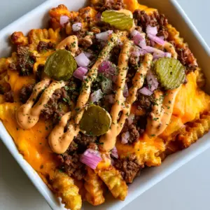 Handheld smartphone photo of a Cheeseburger French Fry Casserole with golden crinkle-cut fries and melted orange cheddar.