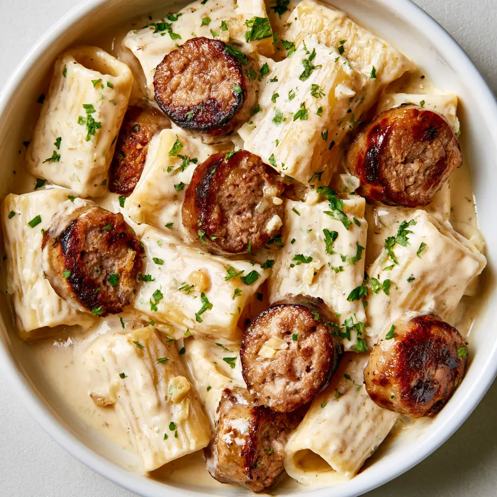 Sausage Alfredo Rigatoni with Seared Italian Sausage 2 Top-down view of Garlic Sausage Alfredo Rigatoni in a white ceramic bowl showing glossy cream sauce and charred sausage edges.
