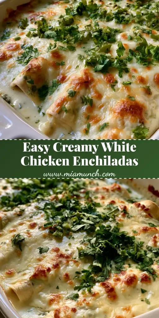 A rectangular white ceramic baking dish filled with white chicken enchiladas topped with bubbly melted Monterey Jack cheese, golden-brown toasted spots, fresh cilantro, and green chilies.