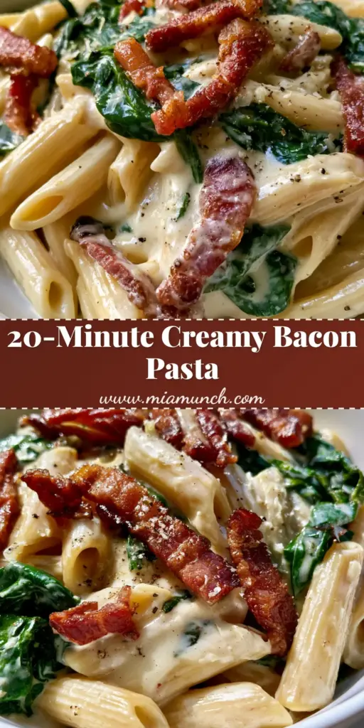 A shallow white bowl filled with Creamy Bacon and Spinach Pasta featuring glossy sauce and crispy bacon lardons.