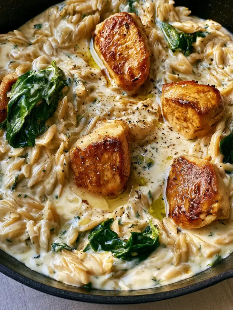 Creamy Boursin Chicken Orzo: The Ultimate One-Pan 30-Minute Dinner 2 Close-up of golden-brown chicken chunks in a velvety white Boursin herb sauce with orzo pasta.
