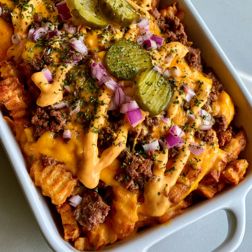 Close up of the creamy pale orange zesty sauce drizzled over Cheeseburger French Fry Casserole.