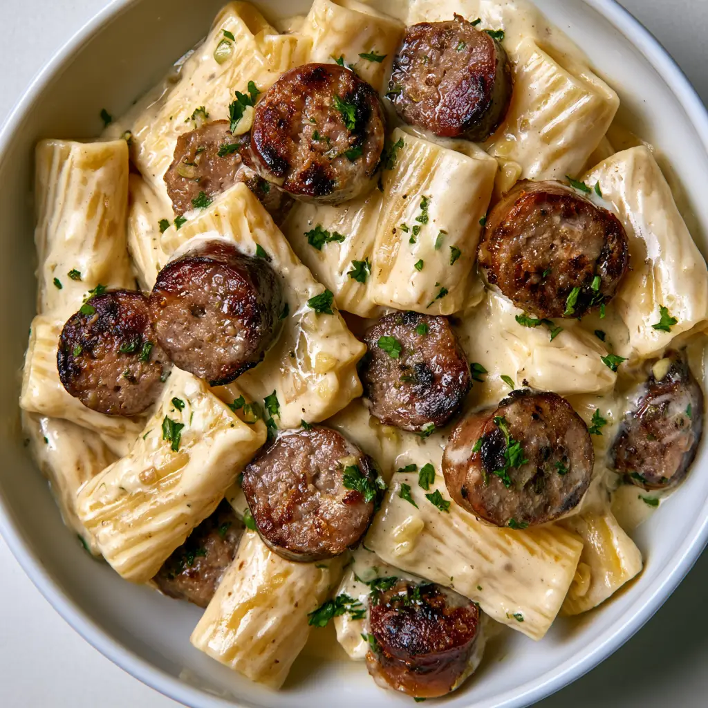 Sausage Alfredo Rigatoni with Seared Italian Sausage 1 Close-up of seared Italian sausage slices interspersed with rigatoni pasta and minced garlic in a cream sauce.