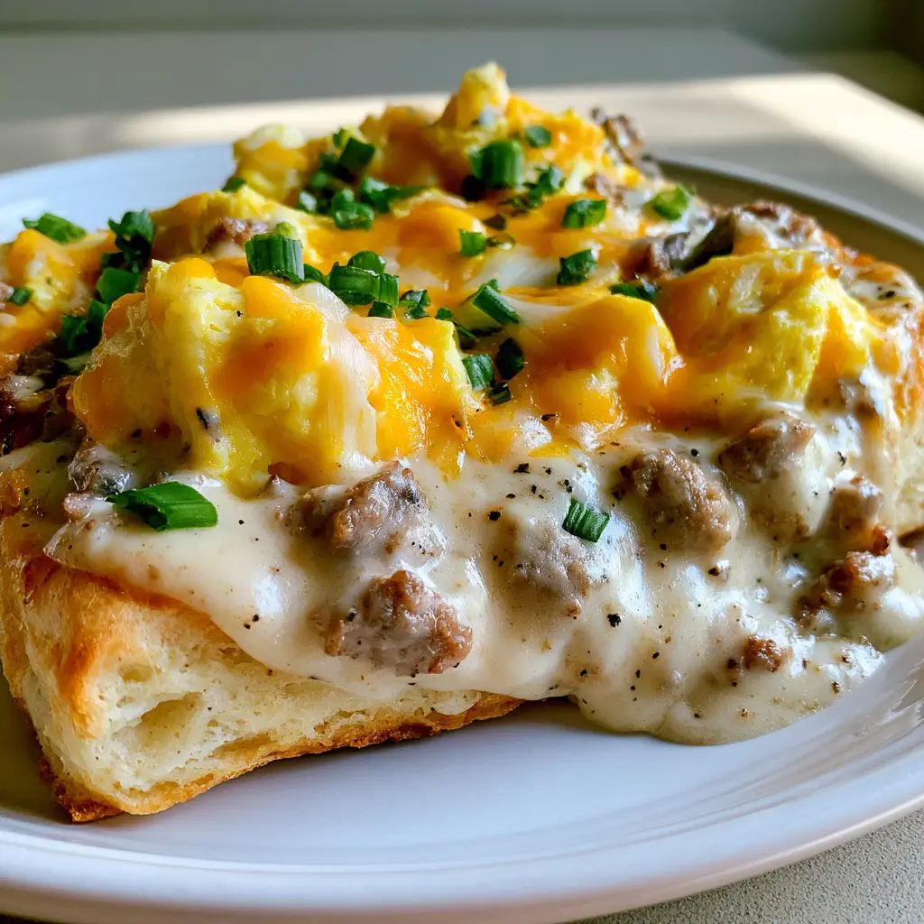 Sausage Gravy Breakfast Pizza with Fluffy Biscuit Crust 1 Sausage Gravy Breakfast Pizza featuring a golden-brown biscuit crust and melted cheddar cheese.