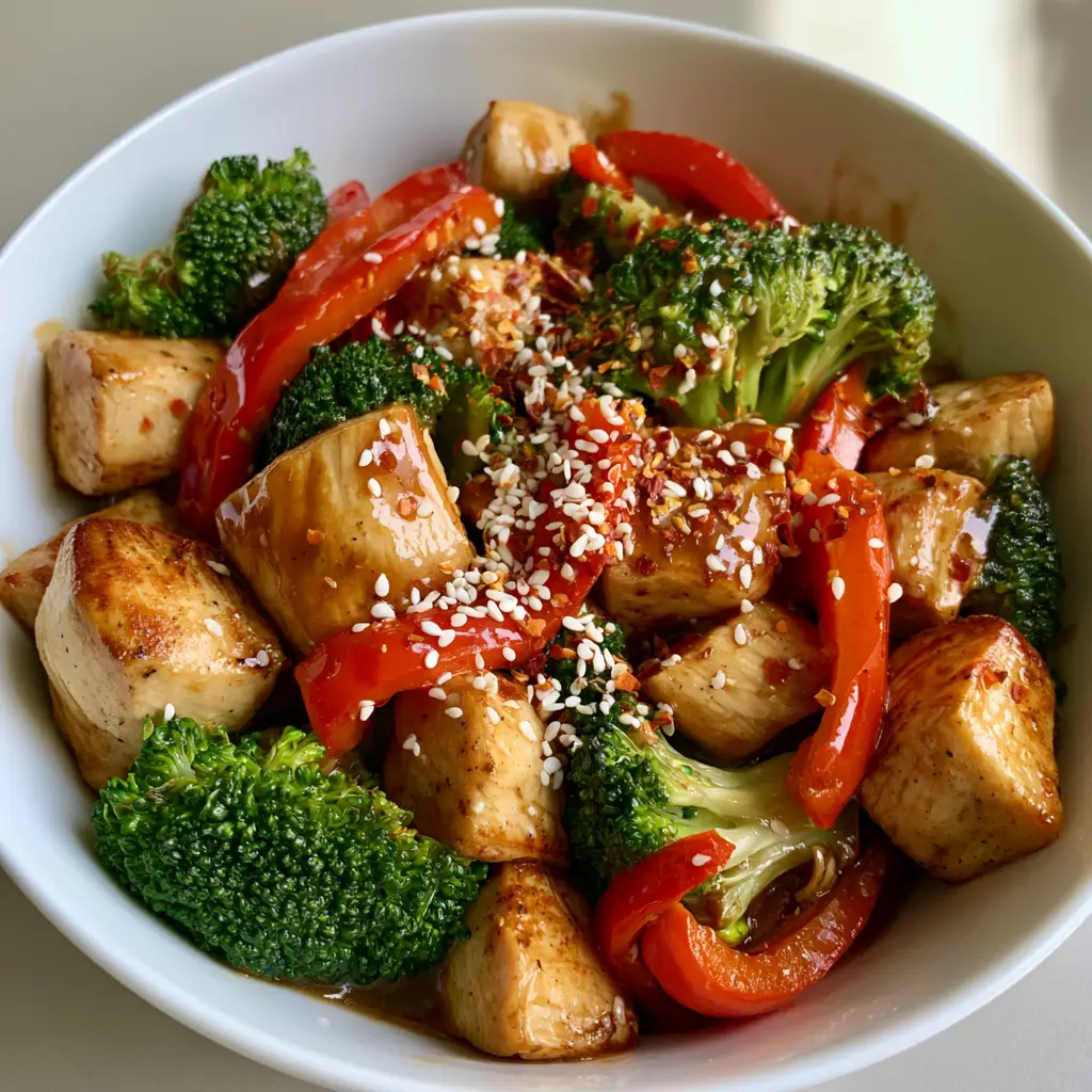 A vibrant bowl of chicken stir-fry with bright red bell peppers and green broccoli in a semi-translucent glaze.