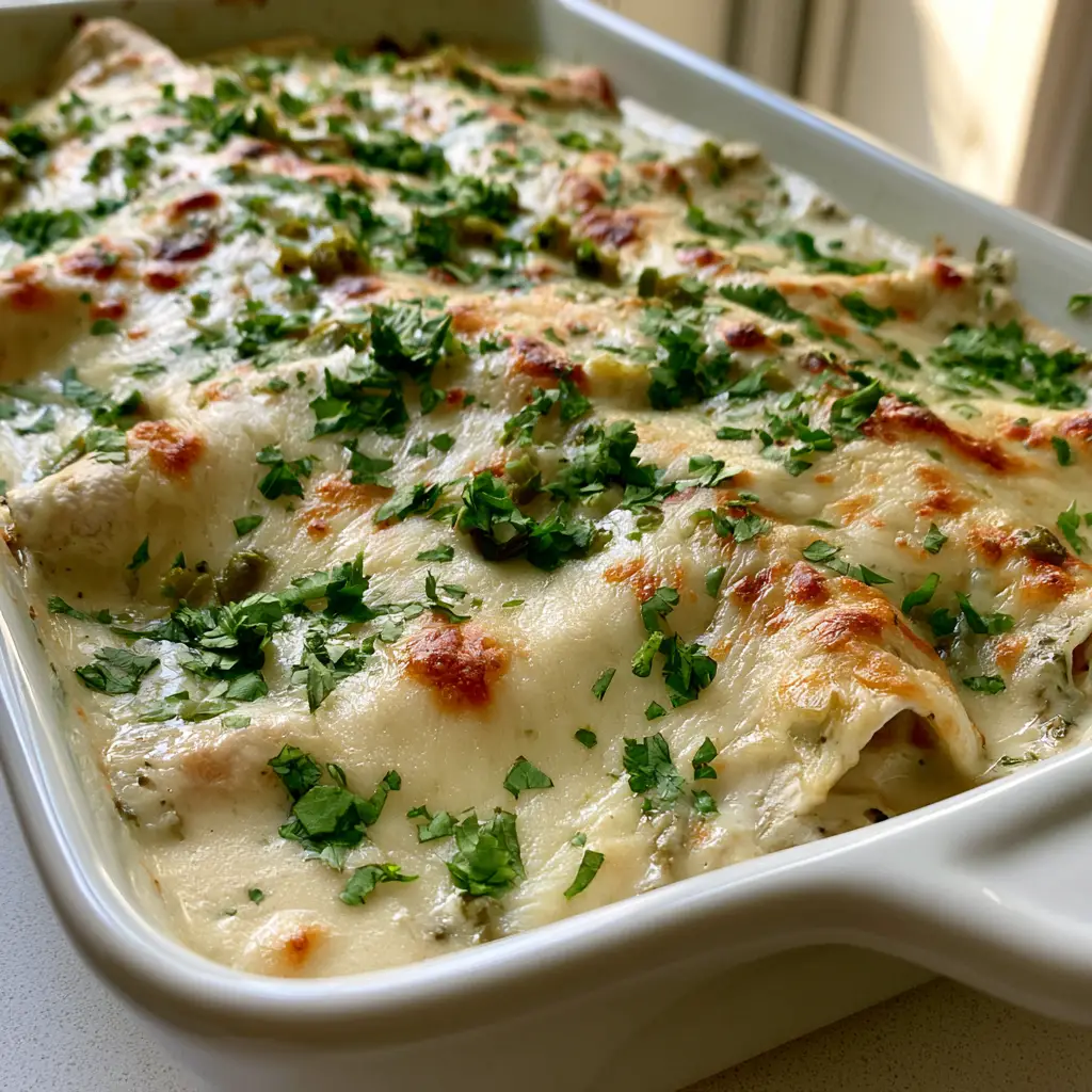 Overhead view of White Chicken Enchiladas garnished with green cilantro and diced chilies in a ceramic dish.