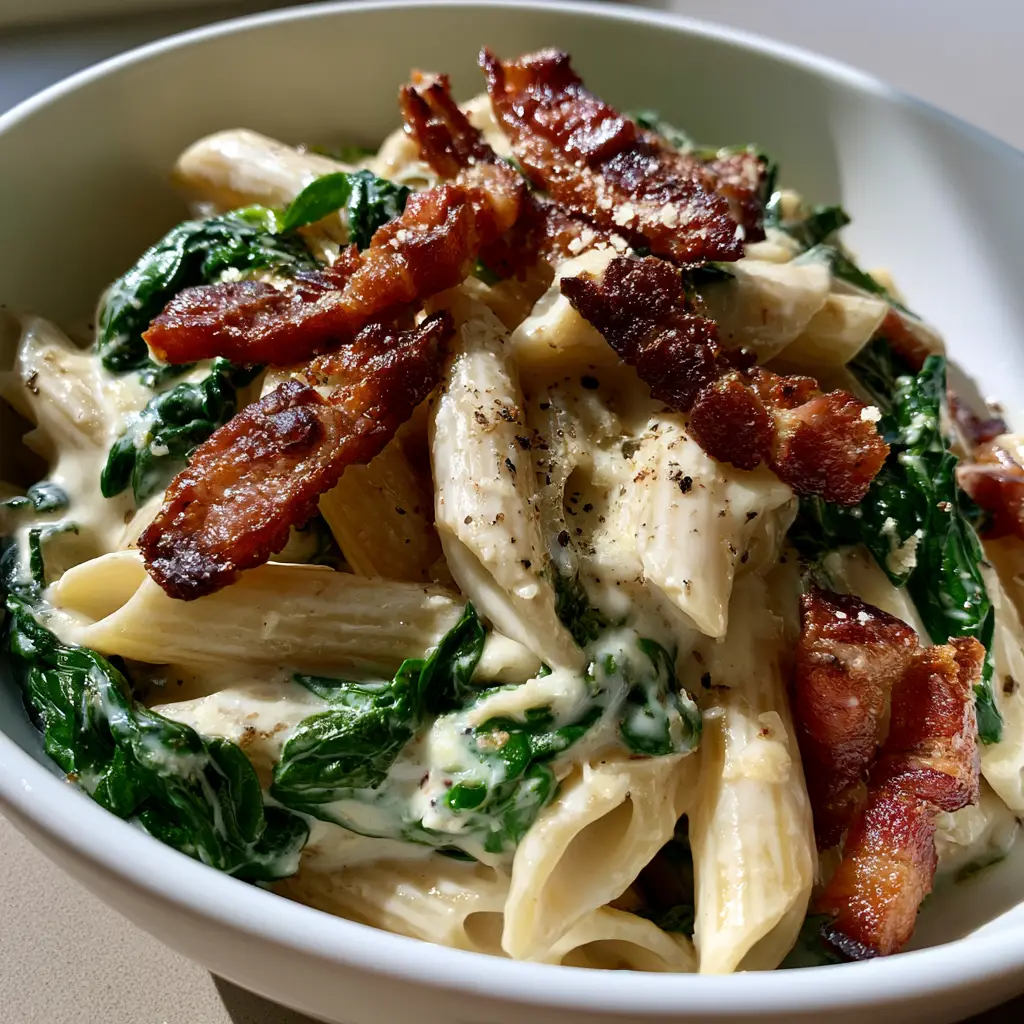 Close up of crispy browned bacon lardons and finely grated Parmesan over creamy penne.
