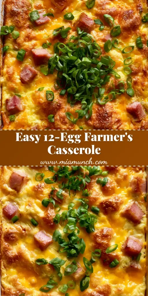 A close-up overhead shot of a Farmer's Breakfast Casserole in a white ceramic dish featuring golden-brown egg custard, melted cheddar cheese, and pink ham cubes topped with green onions.