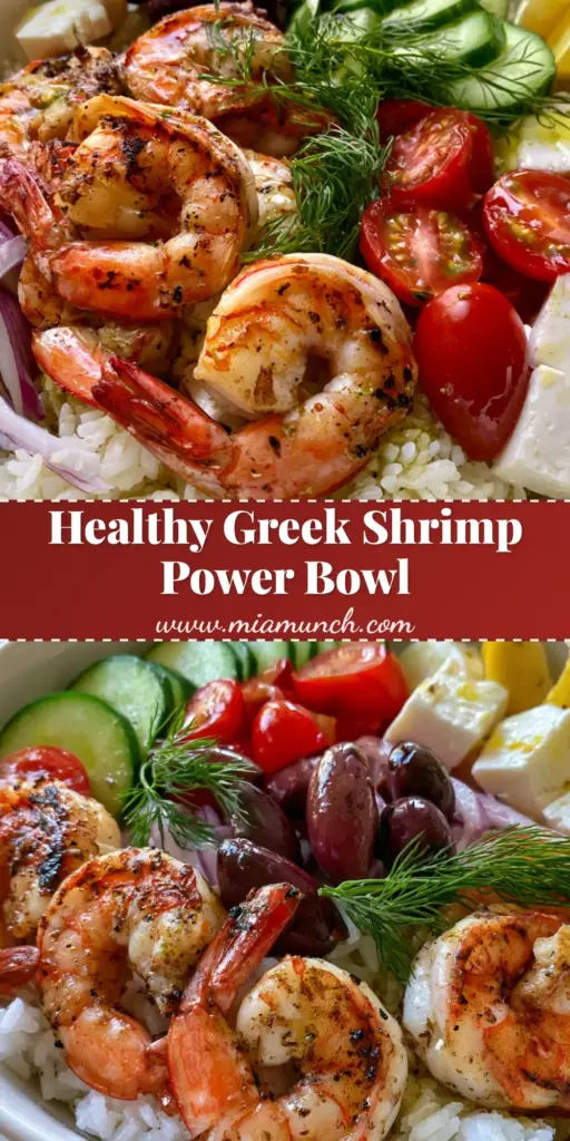 A top-down view of a Greek Shrimp Bowl featuring seared seasoned shrimp, white rice, cucumber, feta, and kalamata olives.