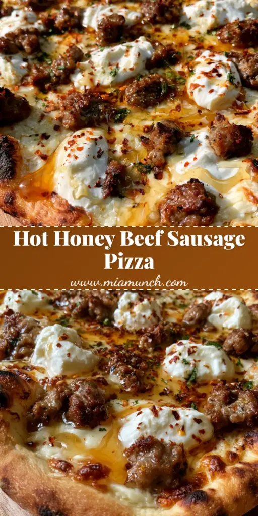 Beef Sausage Ricotta Pizza with Hot Honey Drizzle 3 A top-down view of a Beef Sausage Ricotta Pizza with a charred oval crust, creamy white ricotta dollops, and a glistening honey drizzle on a wooden board.