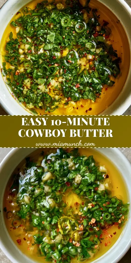 Cowboy Butter Recipe: The Ultimate Garlic Herb Dipping Sauce 3 A close-up shot of the Cowboy Butter Recipe in a white bowl, showing melted golden butter with fresh parsley, chives, and red pepper flakes.