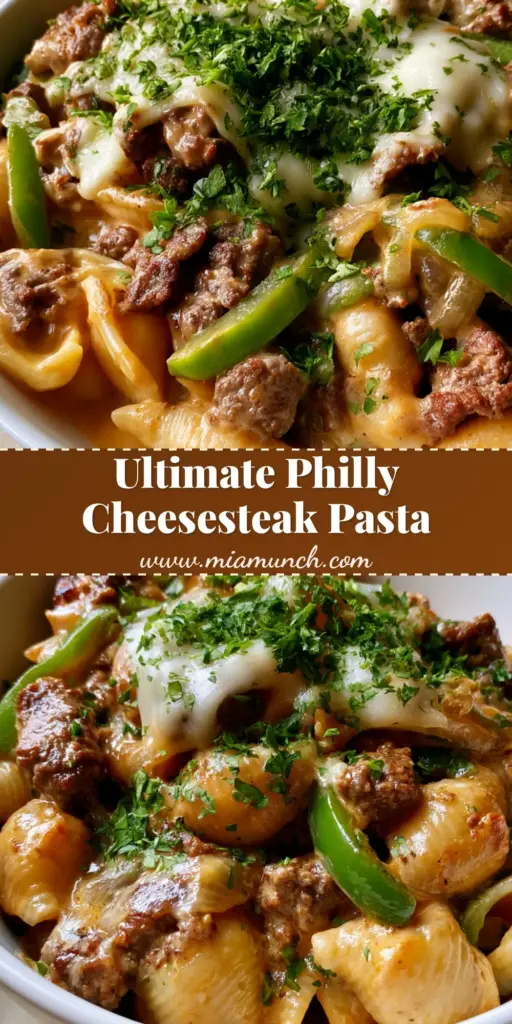A close-up shot of Philly Cheesesteak Pasta in a white bowl, featuring large shells, green peppers, and melted provolone cheese.