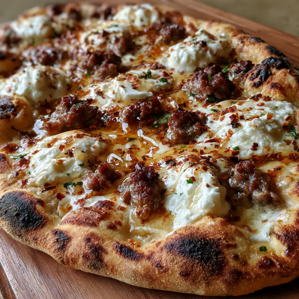Beef Sausage Ricotta Pizza with Hot Honey Drizzle 2 Close up of an oval flatbread pizza showing melted mozzarella, browned beef sausage crumbles, and fresh green parsley. (Beef Sausage Ricotta Pizza)