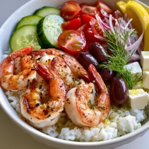 Close-up of a Greek Shrimp Bowl with five large seared shrimp, cubed feta, and fresh dill sprigs.