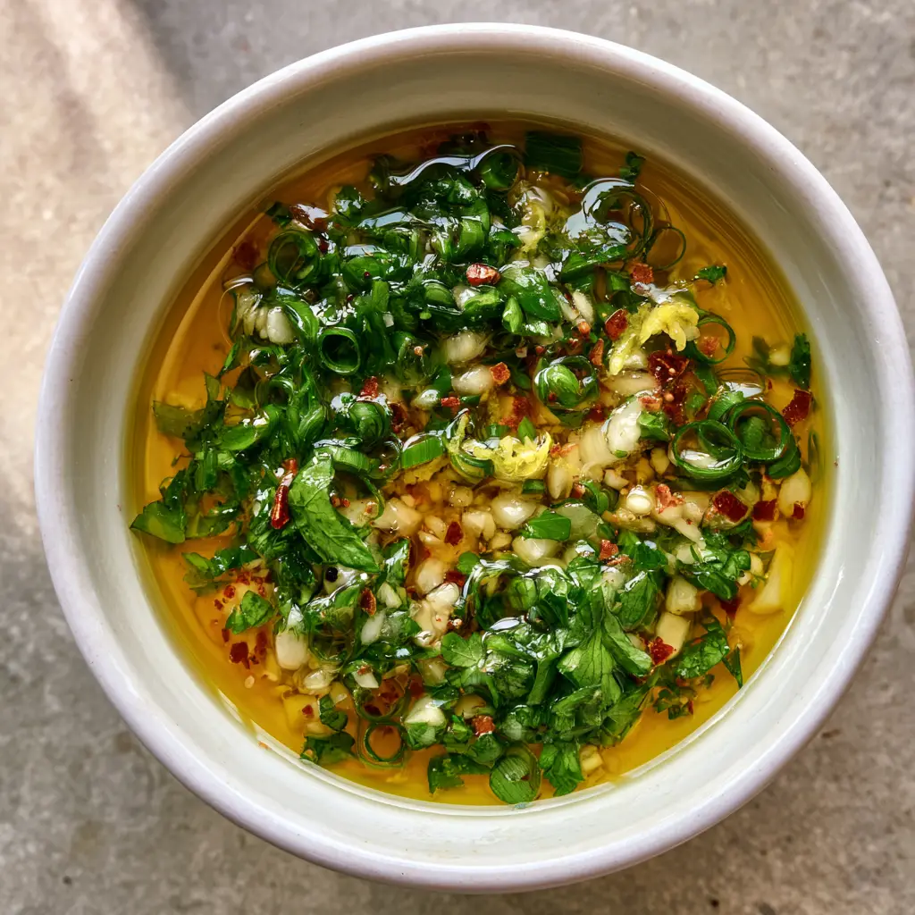 Top-down view of a Cowboy Butter Recipe featuring melted golden butter, garlic bits, and vibrant green herbs in a ceramic bowl.