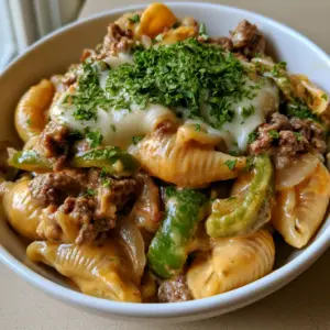 Overhead view of Philly Cheesesteak Pasta showing browned ground beef and vibrant green peppers in a glossy orange sauce.