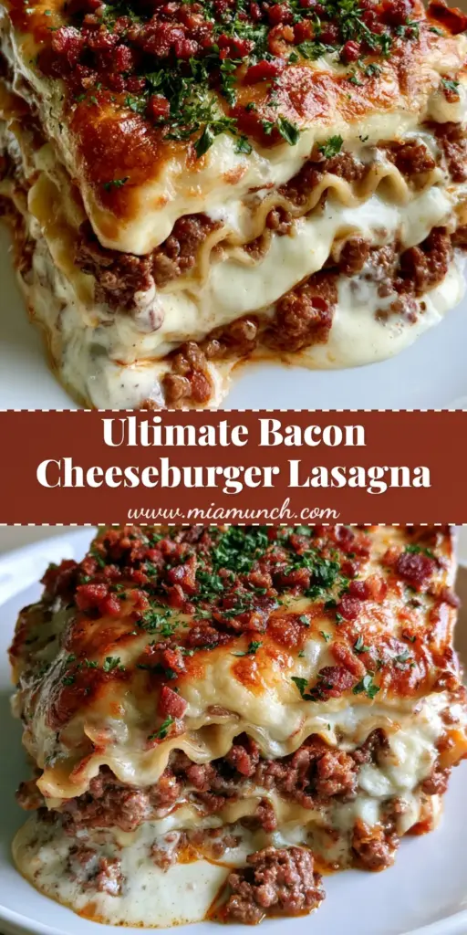 Bacon Cheeseburger Lasagna: The Ultimate Comfort Food Mashup 4 A thick square slice of Bacon Cheeseburger Lasagna with wavy noodles, creamy white béchamel, and a crispy bacon parsley topping on a white plate.