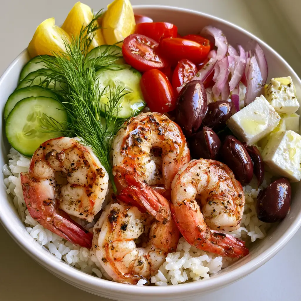 A healthy Greek Shrimp Bowl showing fluffy white rice and fresh mediterranean vegetables glistening with herb oil.