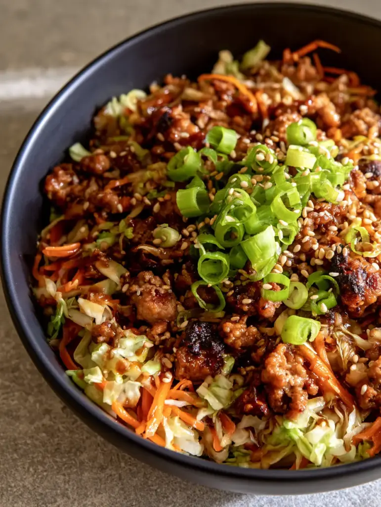 Close up of Egg Roll in a Bowl showing the vibrant green scallion rings and toasted white sesame seeds on top of the glistening dish.