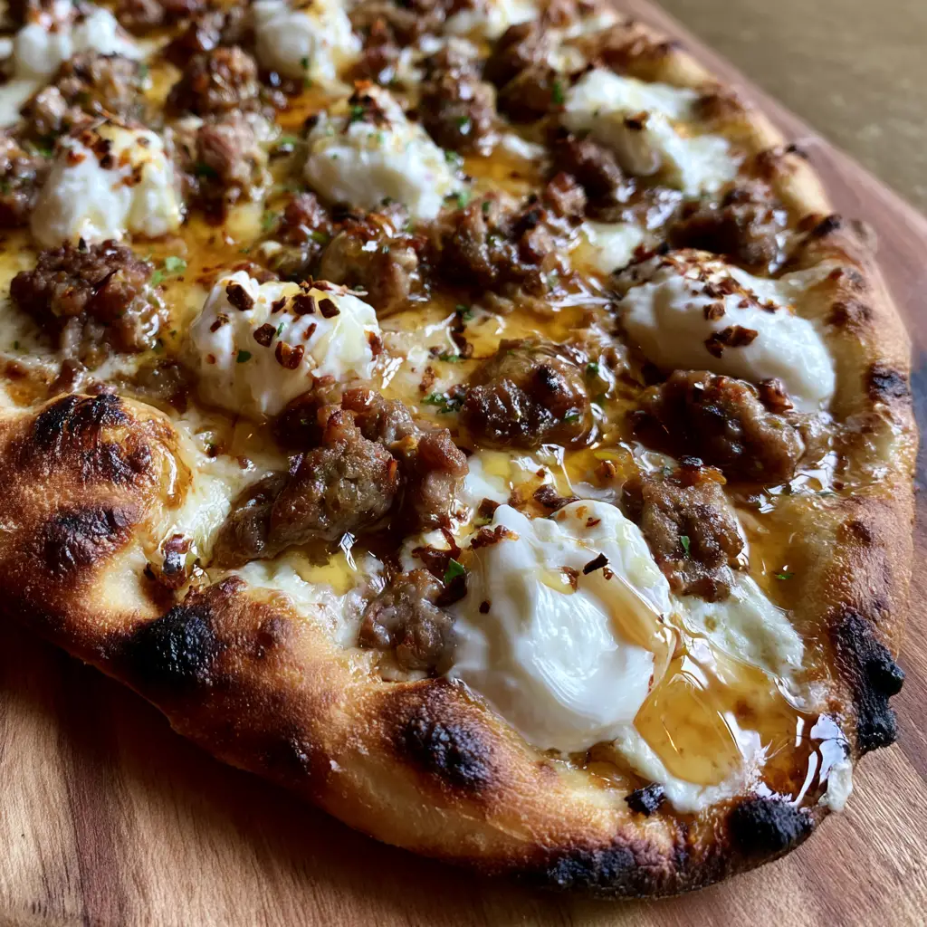 Beef Sausage Ricotta Pizza with Hot Honey Drizzle 1 Angled shot of a Beef Sausage Ricotta Pizza with visible honey drizzle and red pepper flakes under natural daylight.