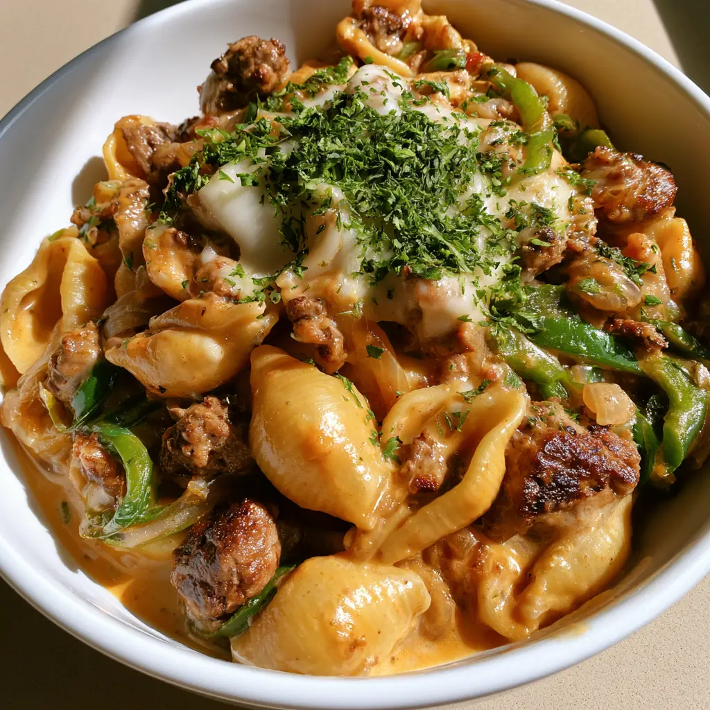 A side view of the Philly Cheesesteak Pasta highlighting the melted white provolone and fresh parsley garnish.