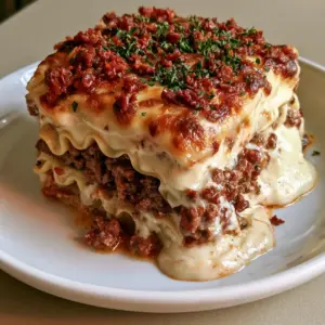 Close-up high-angle shot of a Bacon Cheeseburger Lasagna slice showing distinct layers of beef and garlic parmesan béchamel.