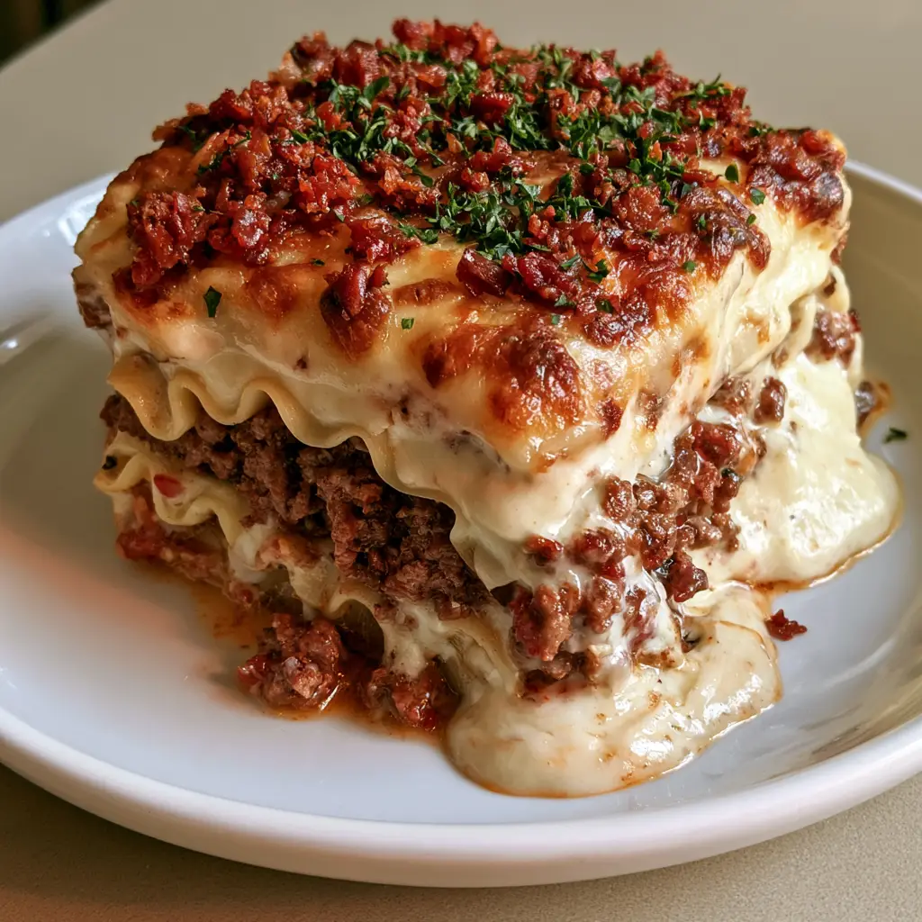 Close-up high-angle shot of a Bacon Cheeseburger Lasagna slice showing distinct layers of beef and garlic parmesan béchamel.