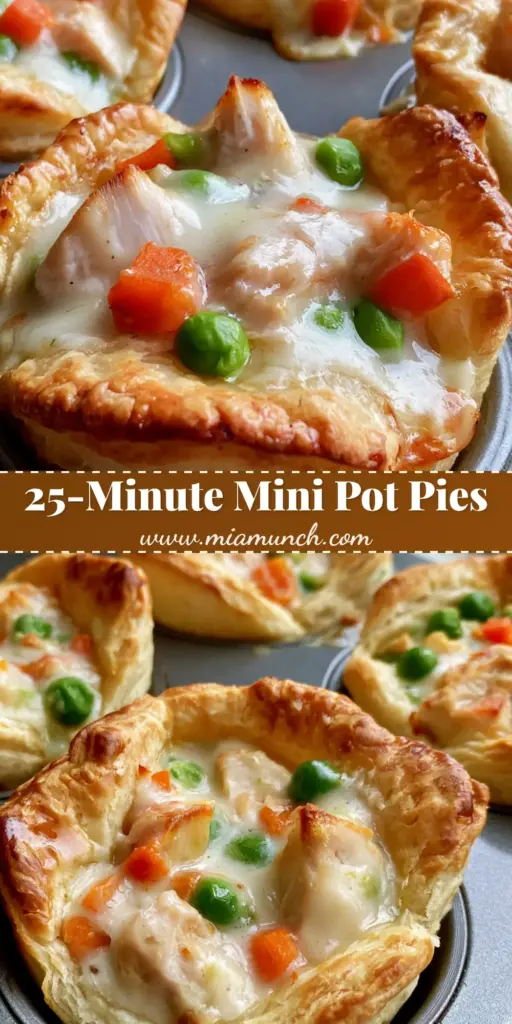 Mini Chicken Pot Pie Bites: Easy Muffin Tin Comfort Food 3 A close-up handheld photo of Mini Chicken Pot Pie Bites in a dark metal muffin tin with golden flaky crusts and bubbly white sauce filling.