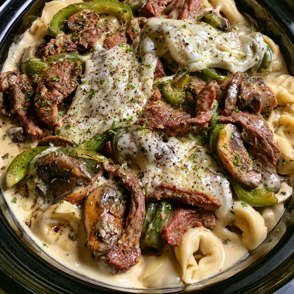 Top-down view of cheese tortellini and browned beef steak in a glossy ivory sauce. (Crock Pot Cheesesteak Tortellini)