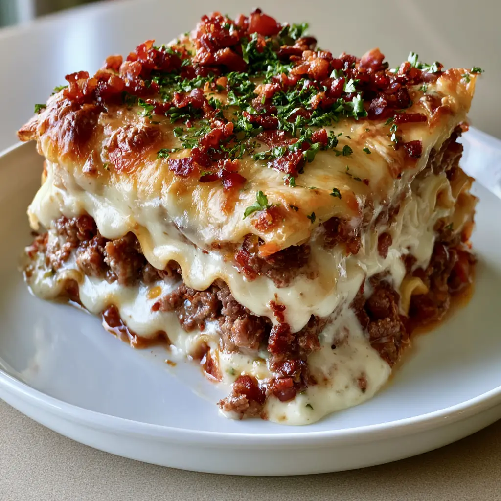 Bacon Cheeseburger Lasagna: The Ultimate Comfort Food Mashup 1 A bubbling golden-brown cheese crust topped with reddish-brown bacon bits and green parsley on a Bacon Cheeseburger Lasagna.