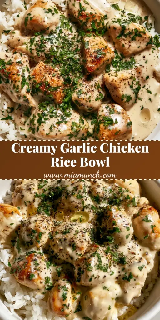 A close-up of Creamy Garlic Chicken Rice Bowls featuring seared chicken in a glossy ivory sauce with parsley and black pepper over jasmine rice.