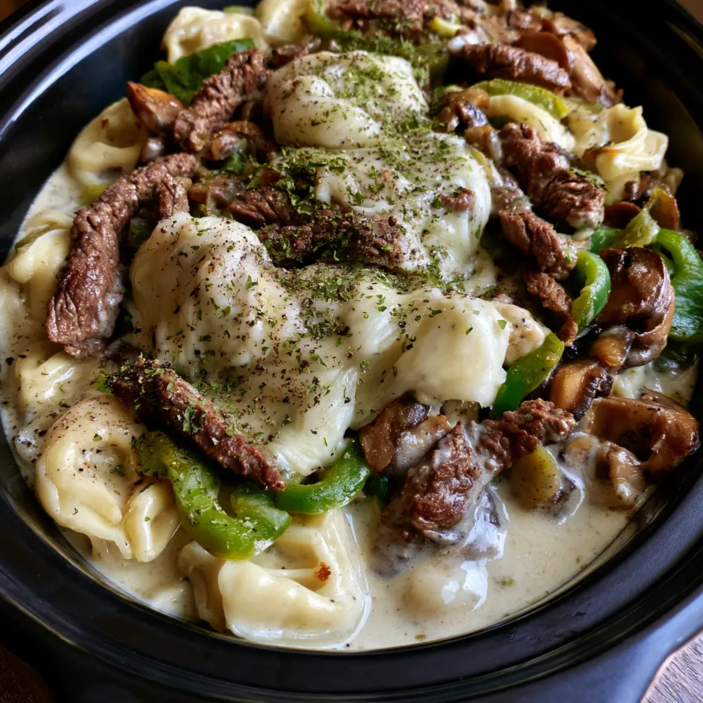 Extreme close up of melted white cheese and parsley over beef and tortellini.