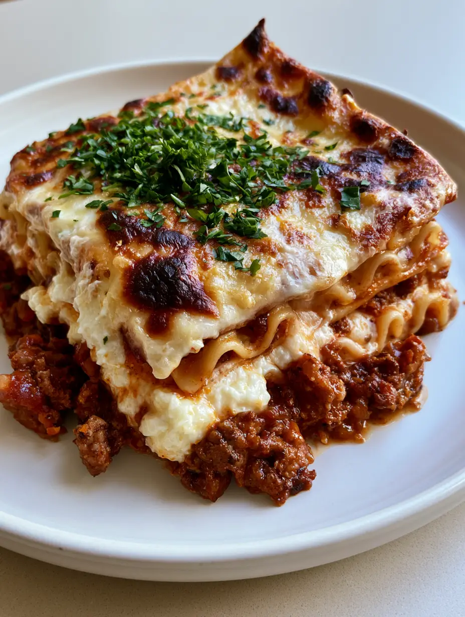 A handheld smartphone photo of a lasagna slice showing thick white ricotta and chunky meat sauce layers. (Million Dollar Italian Lasagna)