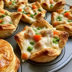 High-angle shot of Mini Chicken Pot Pie Bites showing the vibrant green peas and orange carrots in a creamy sauce.