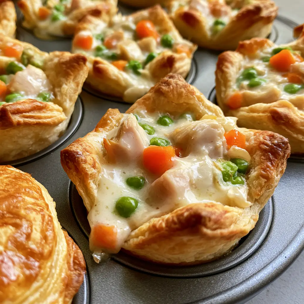 High-angle shot of Mini Chicken Pot Pie Bites showing the vibrant green peas and orange carrots in a creamy sauce.