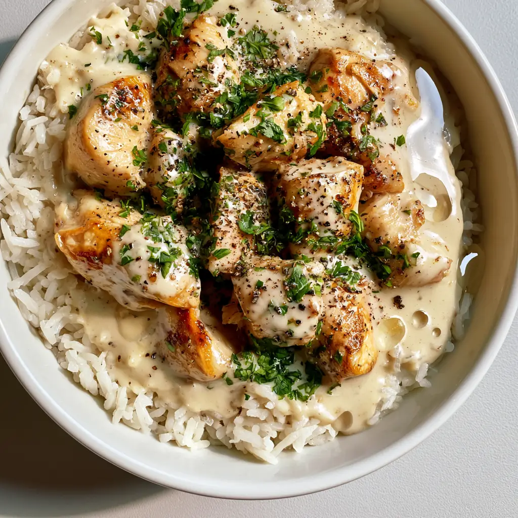 Top-down view of Creamy Garlic Chicken Rice Bowls in a white bowl showing golden caramelized chicken and fresh parsley.
